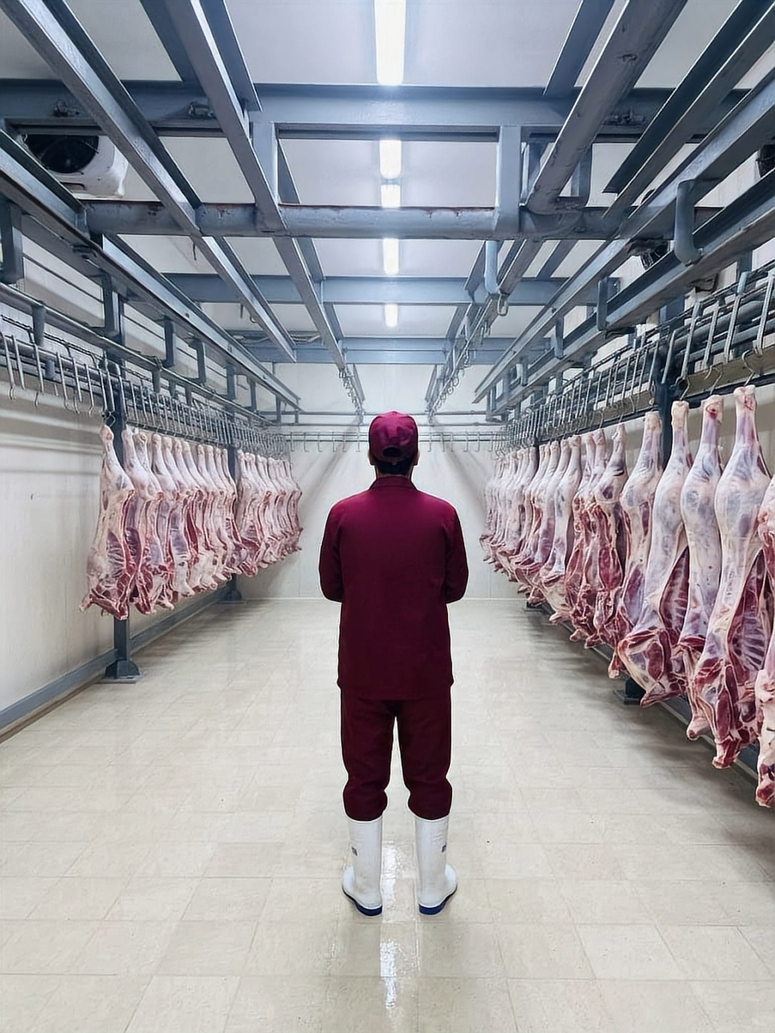 Worker in a burgundy uniform among hanging carcasses