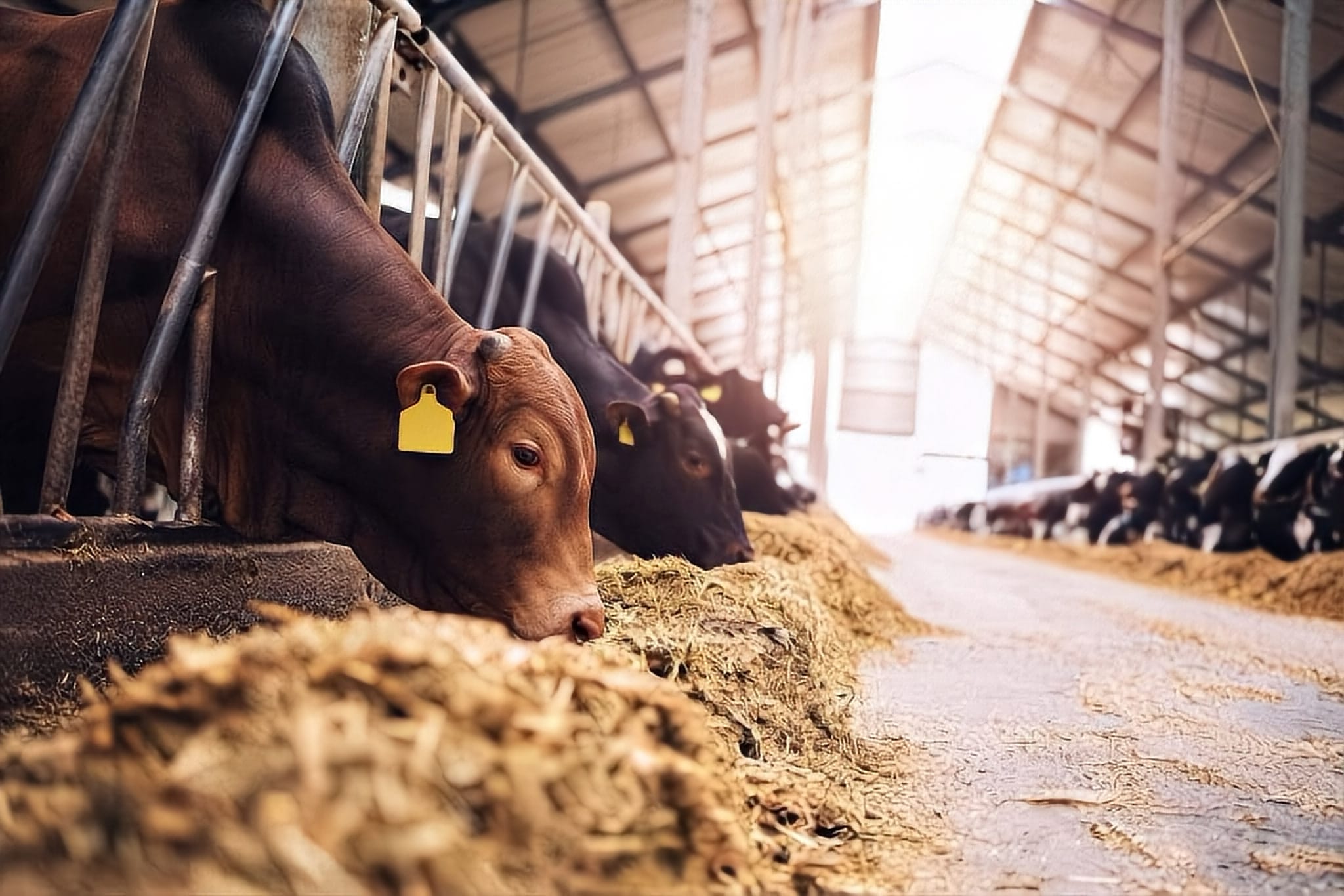 Cattle feeding on hay at the feed barrier of a covered barn