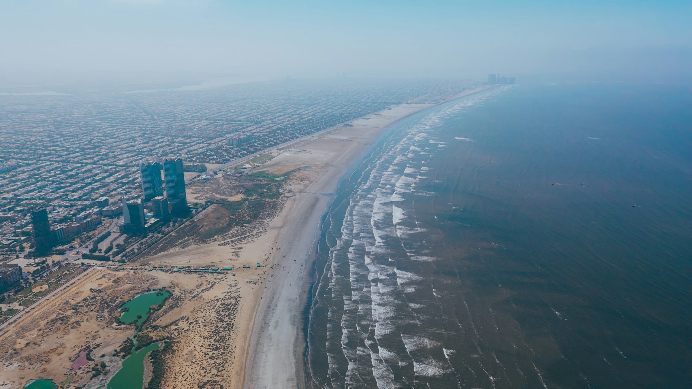 Aerial view of a coastal city